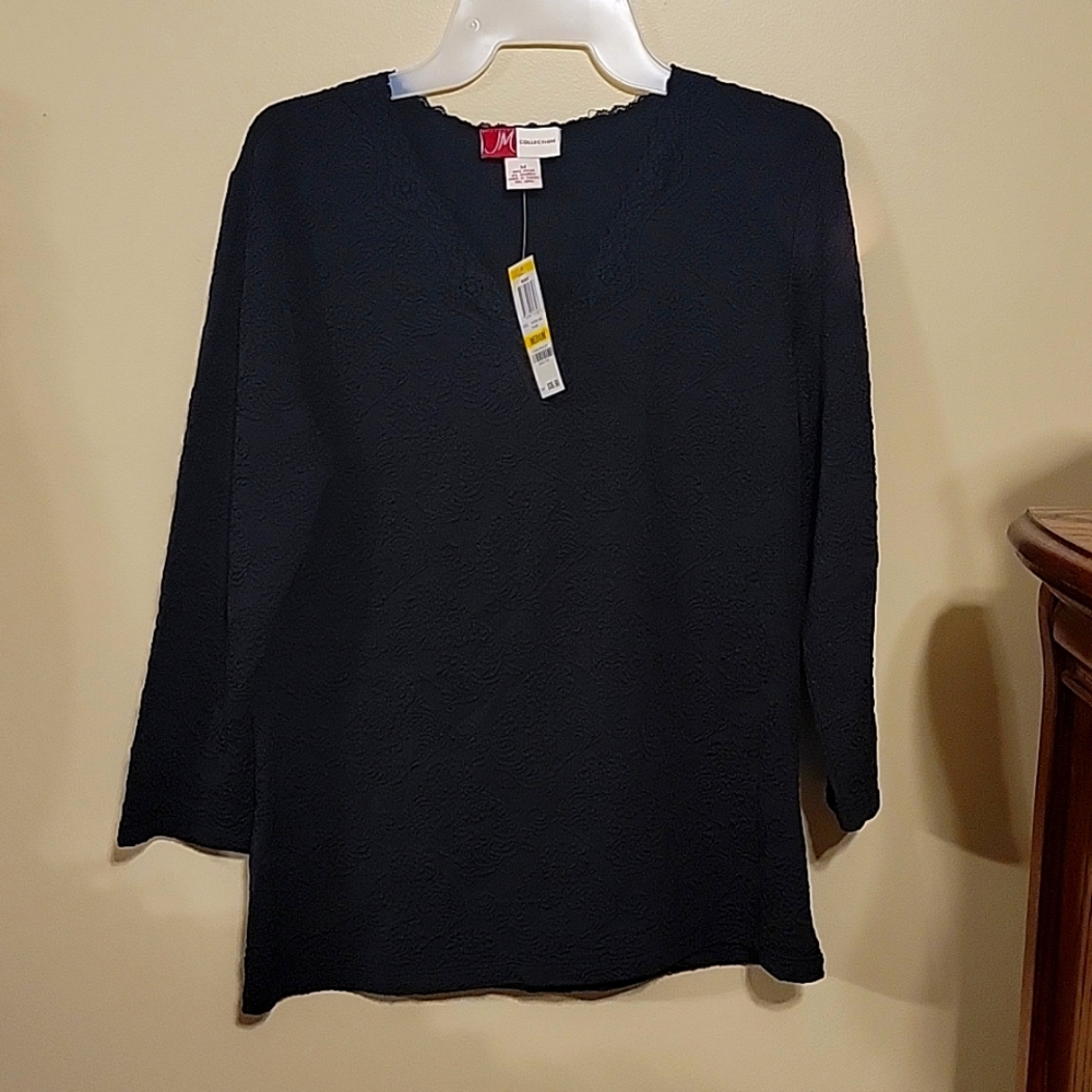 JM Collection women's 3/4 sleeve stretch Black Mosaic design top, Sz M